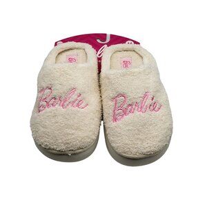 Barbie Womens White Plush Round Toe Casual Cozy Fuzzy Slip On Slippers Size M
